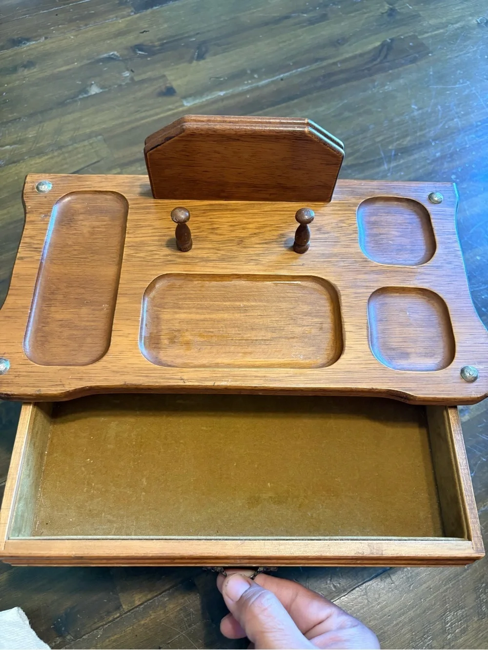 Vintage Valet Organizer Wood Caddy Mens Jewelry Box Velvet Drawers Catchall